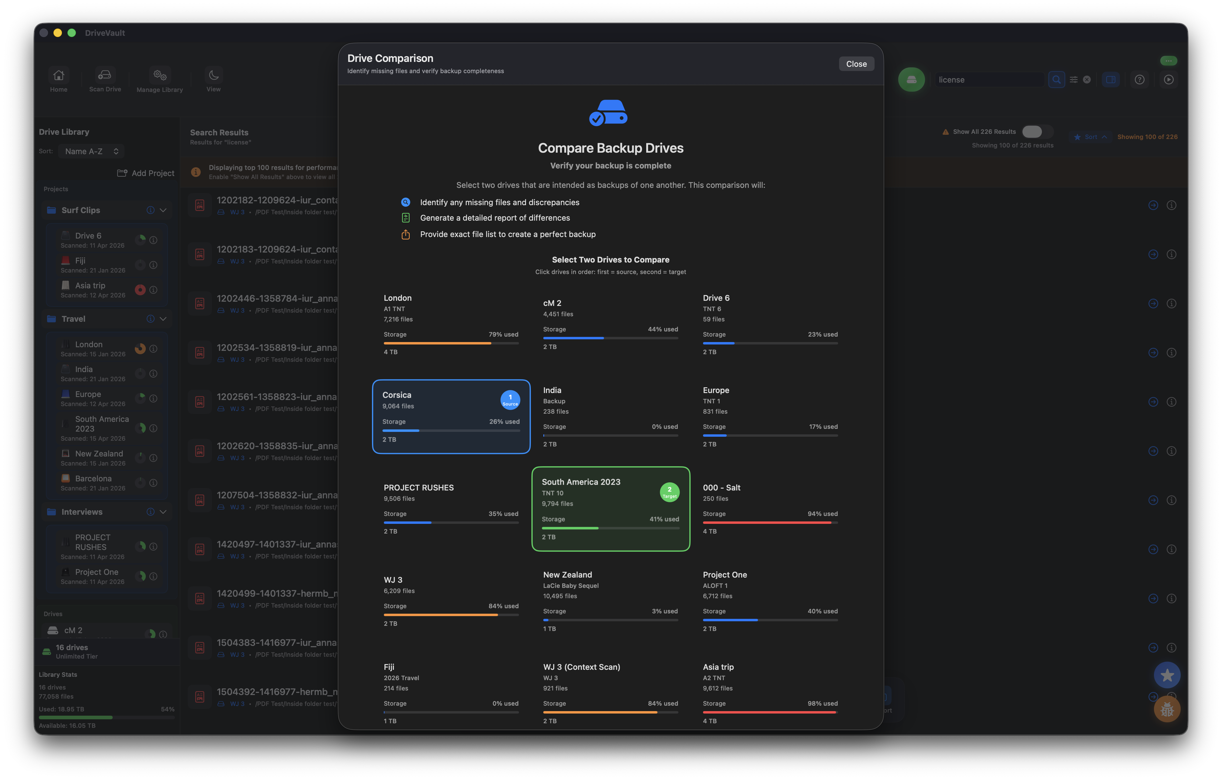 DriveVault drive comparison screen showing catalogued drives available to select as source and target