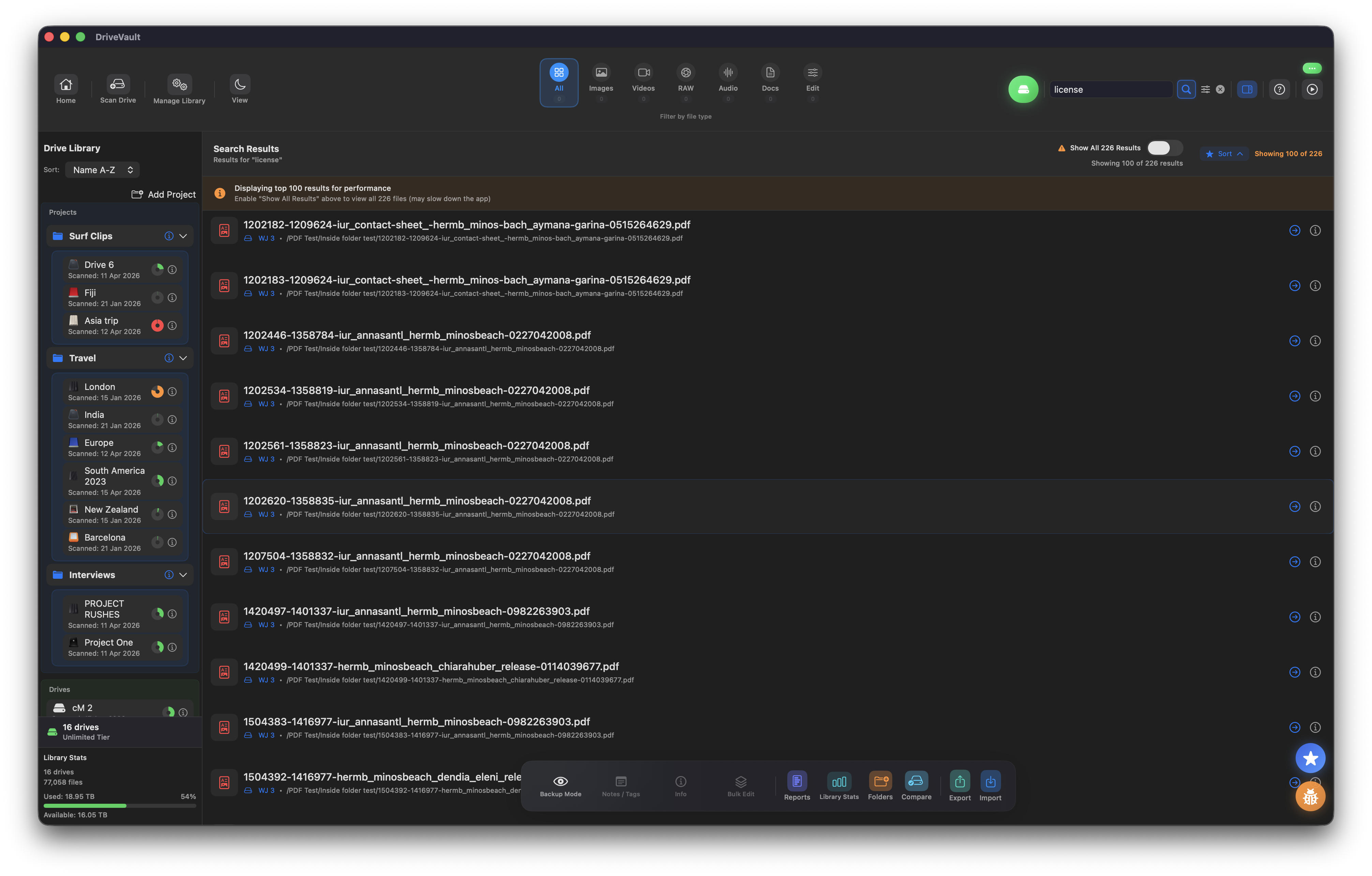 DriveVault search results showing matches found inside PDF documents on an external drive