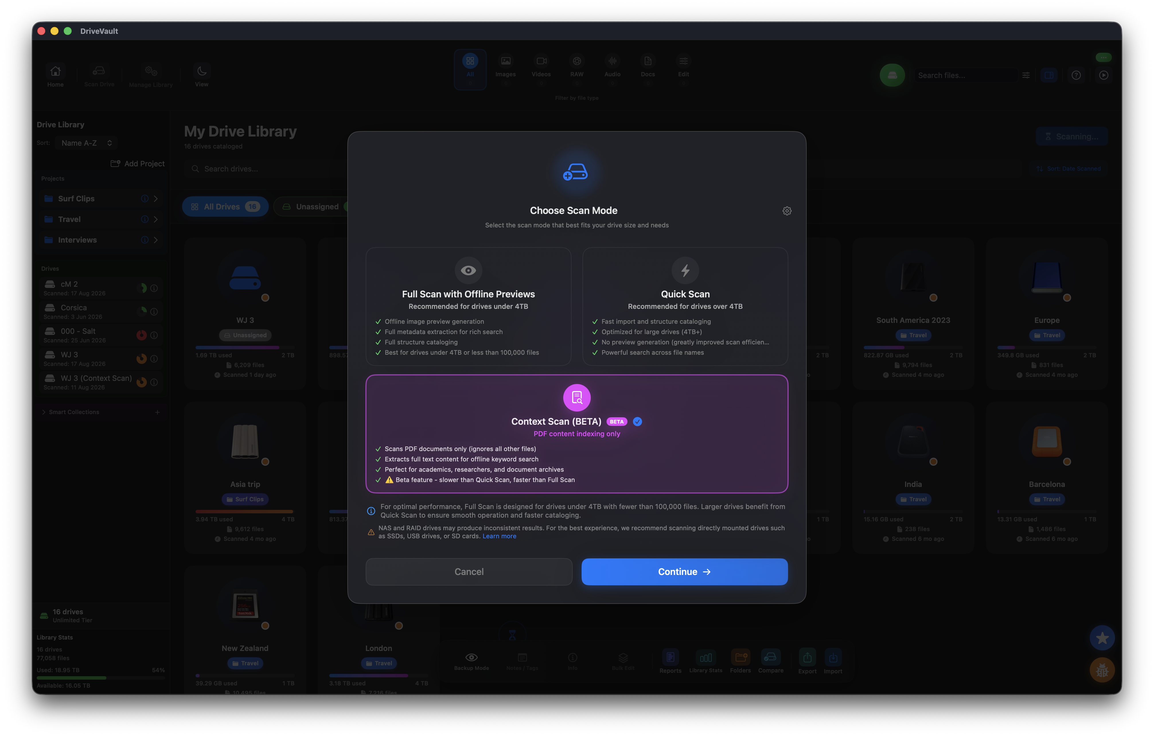 DriveVault scan options showing Context Scan alongside Quick Scan and Full Scan
