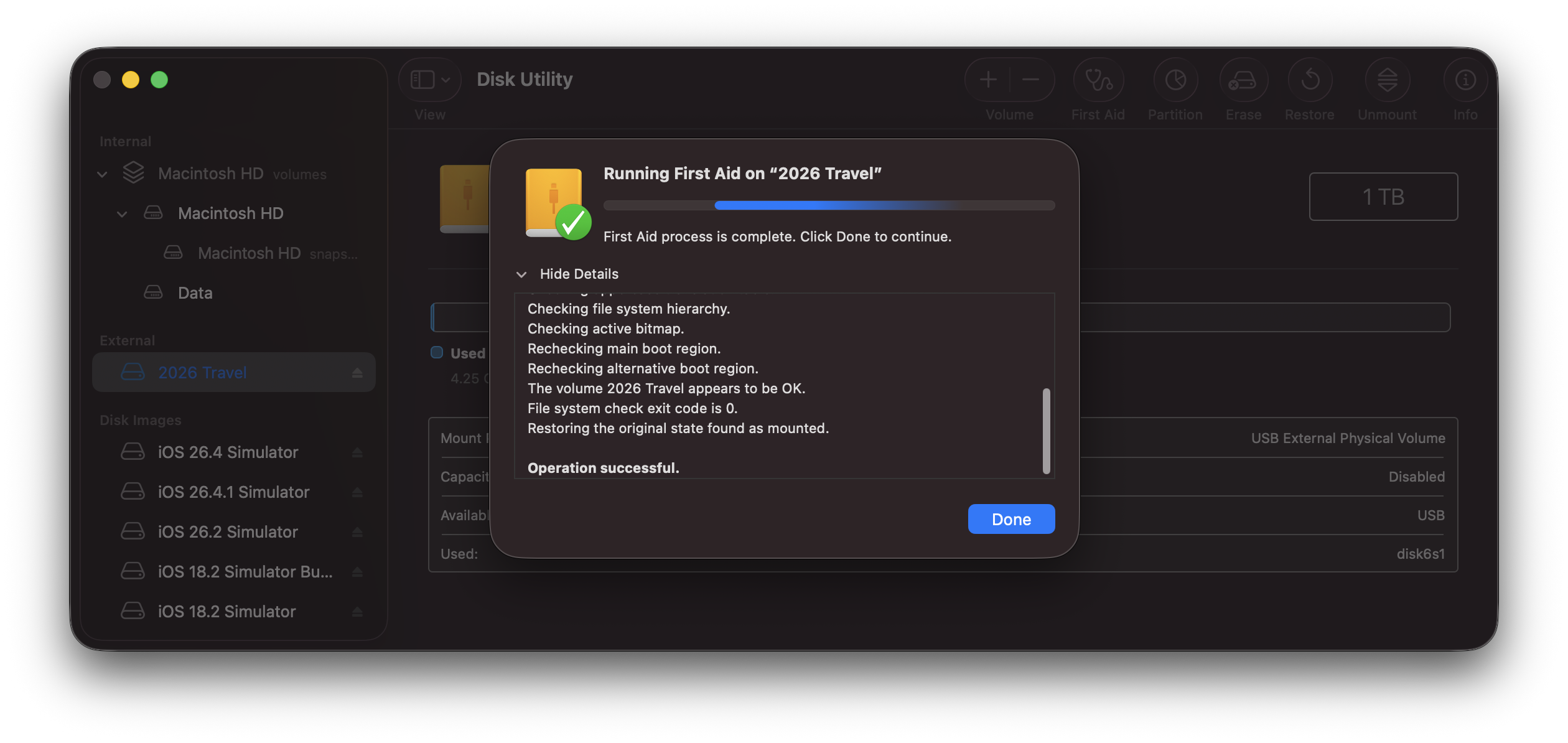 Disk Utility First Aid dialog running a repair on an external volume, showing the operation log