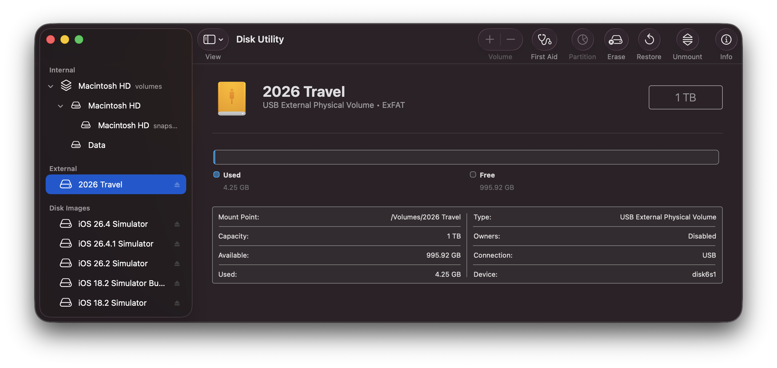 Disk Utility with Show All Devices enabled, showing the physical device, APFS container and volume for an external drive